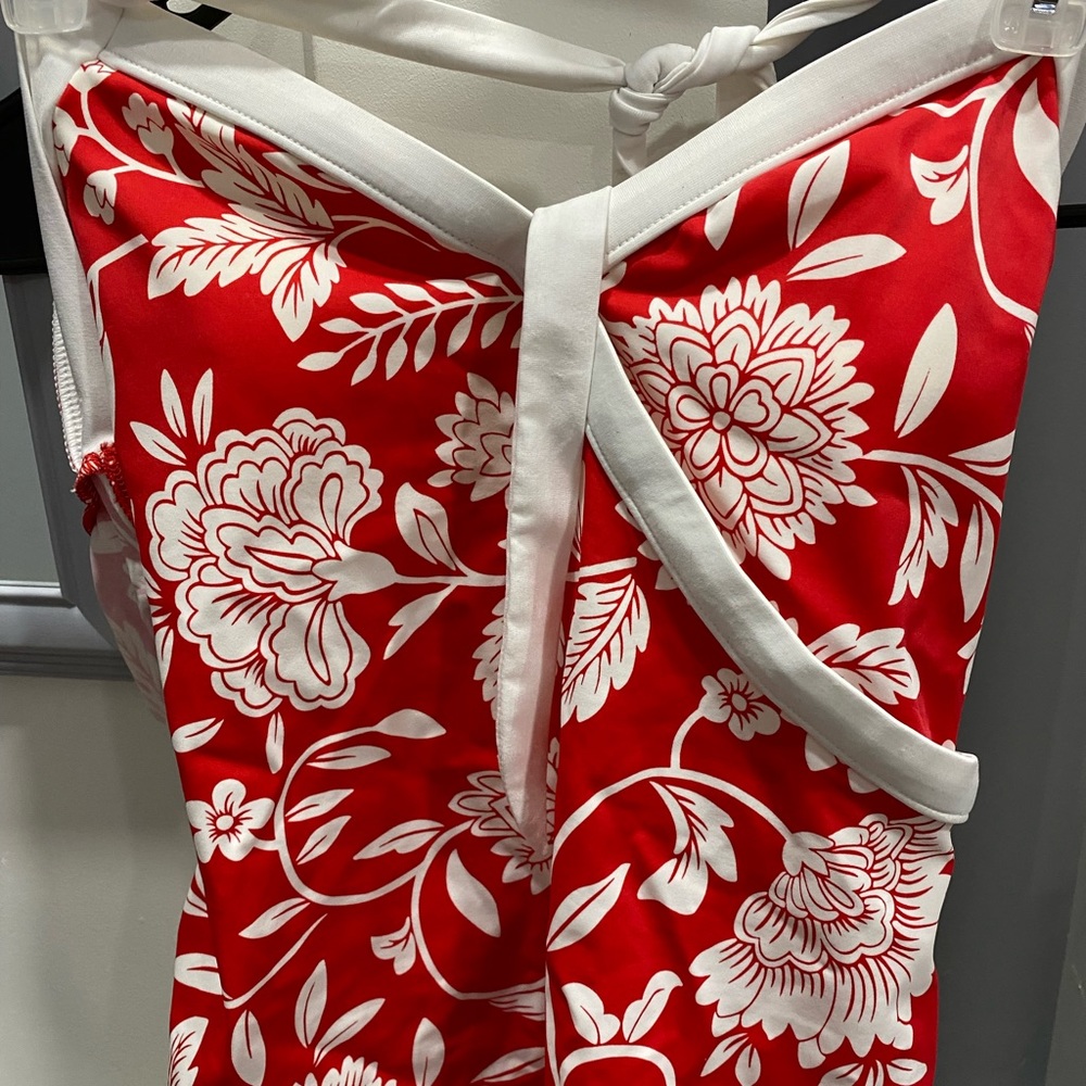Red tropical halter swim top